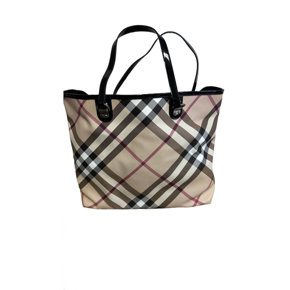 BURBERRY Nova Check Tote Shoulder Bag 13"x13" Top Zip Black Patent Trim - Picture 1 of 7